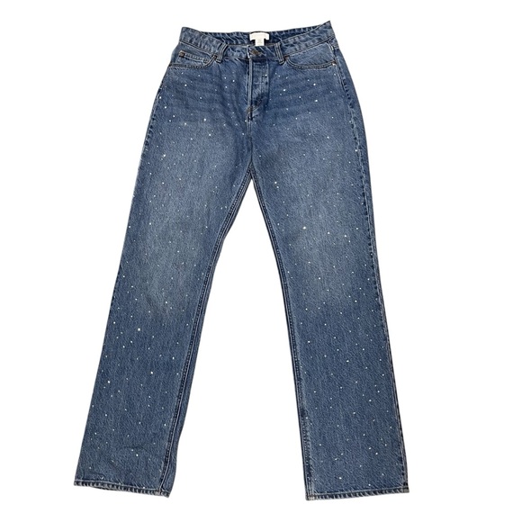 H&M Crystal Blue Denim Jeans Button Front Straight Leg Medium Wash High Waisted - Picture 1 of 13